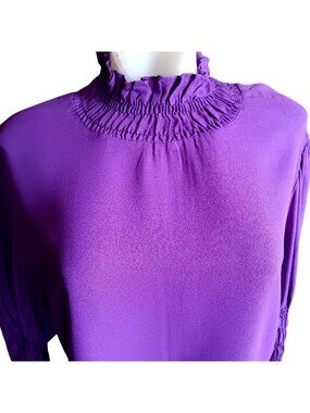True Vintage Womens Top LARGE 38 1970's Zipback  PURPLE ACETATE ELASTIC Ruffle